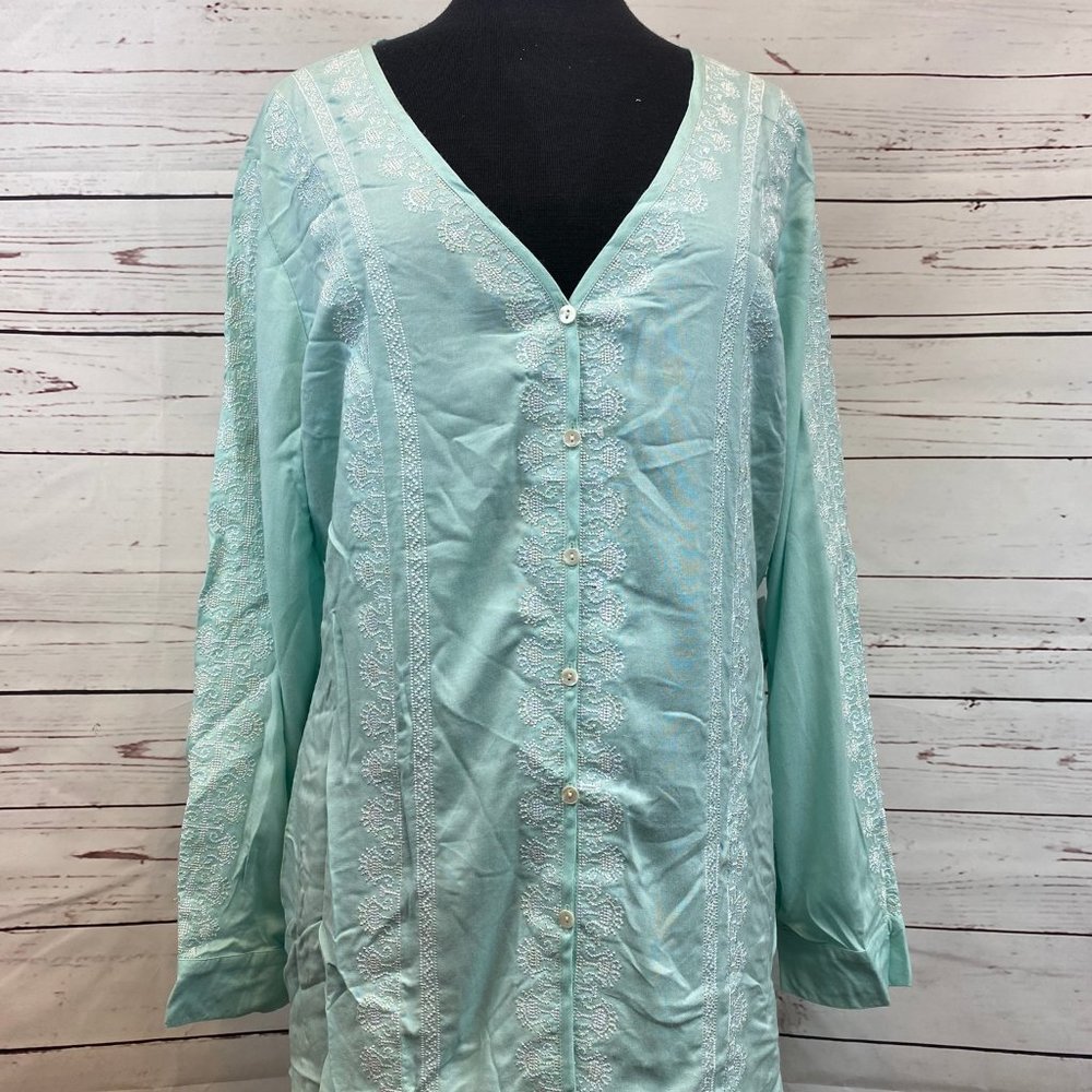 Karen Kane Blue Button Up Top Detail Stitching 2X